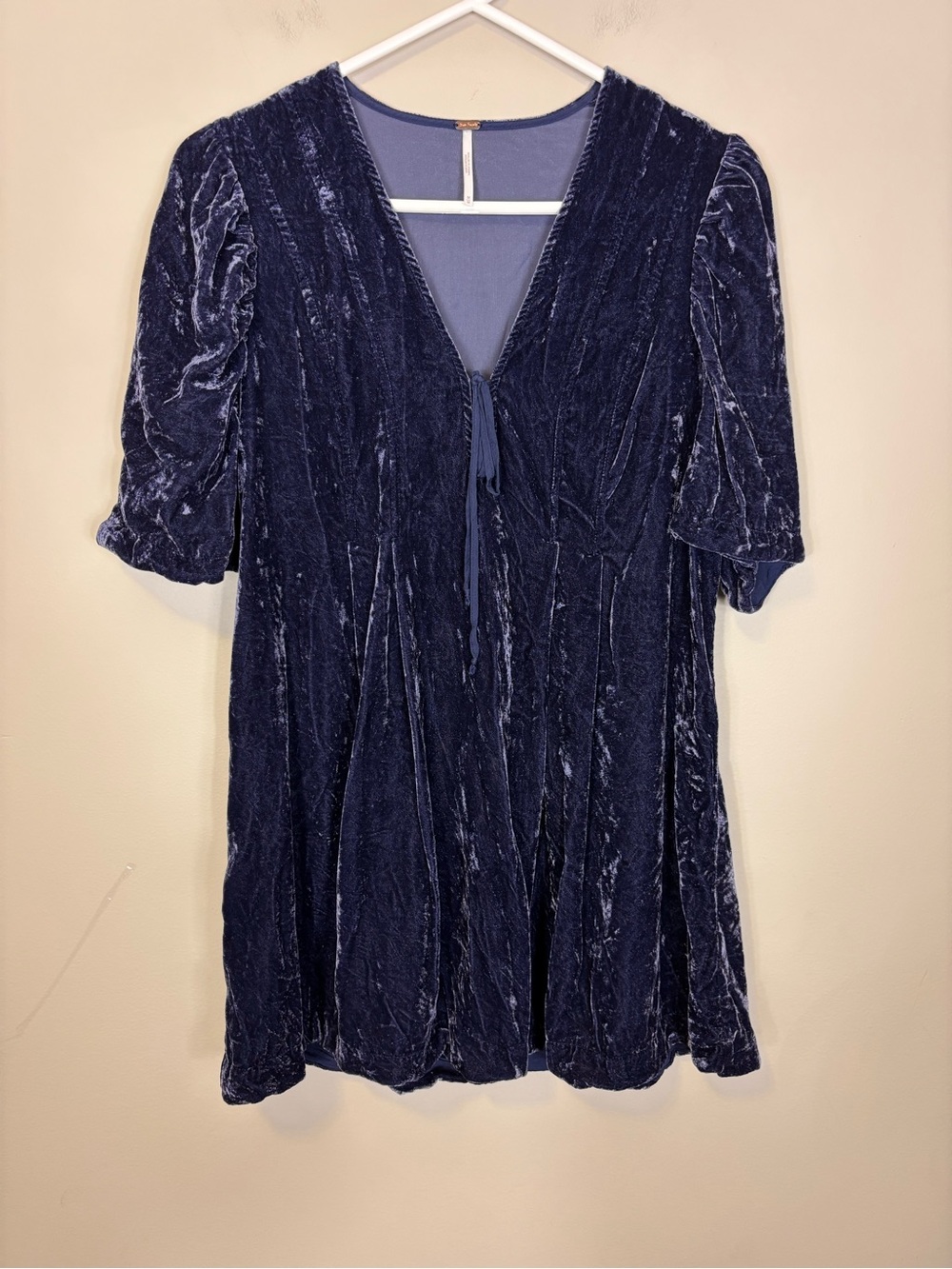 Free People Crushed Velvet Tie-Front Tunic in Navy Blue Medium